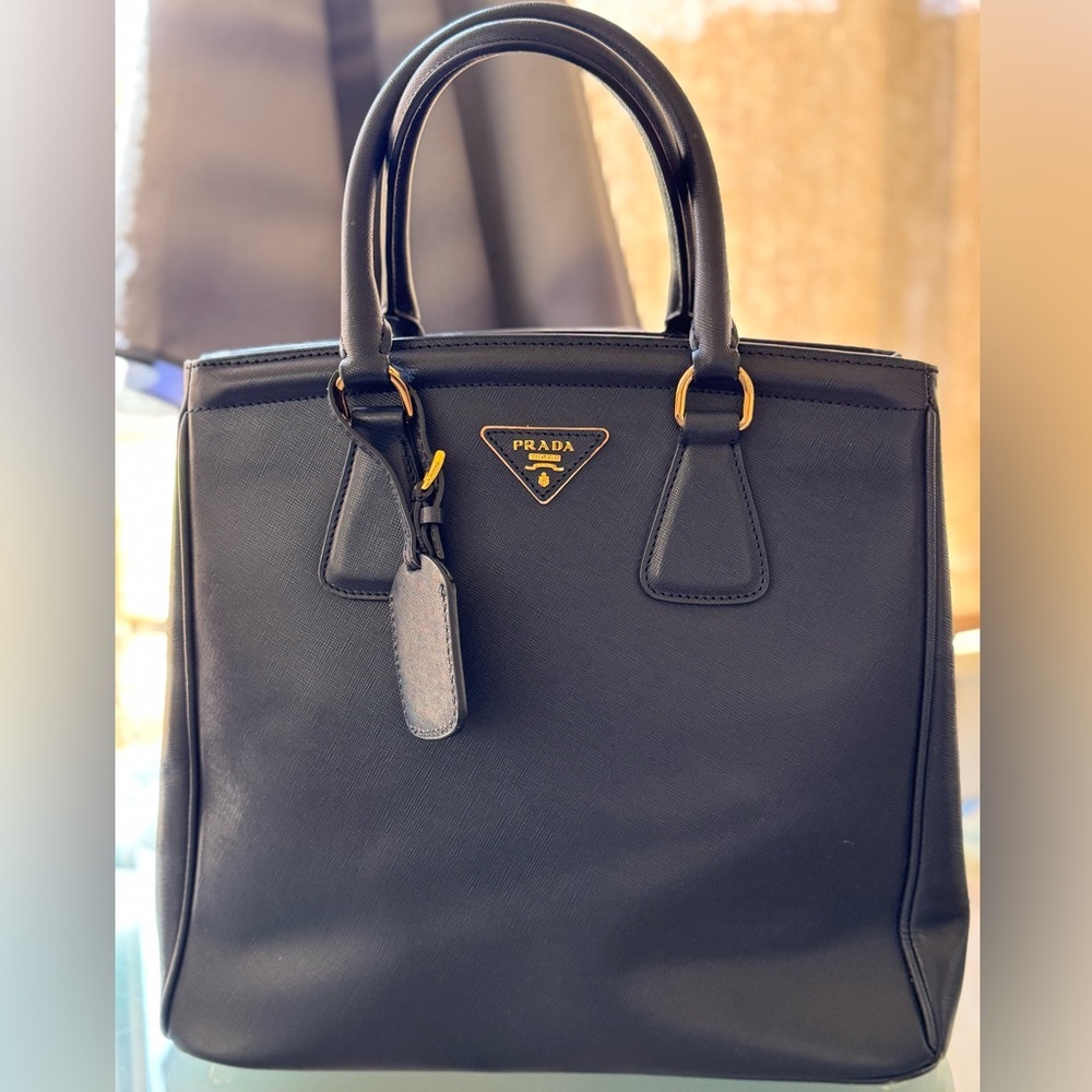 Prada Navy Satchel with Saffiano Leather and Gold Logo